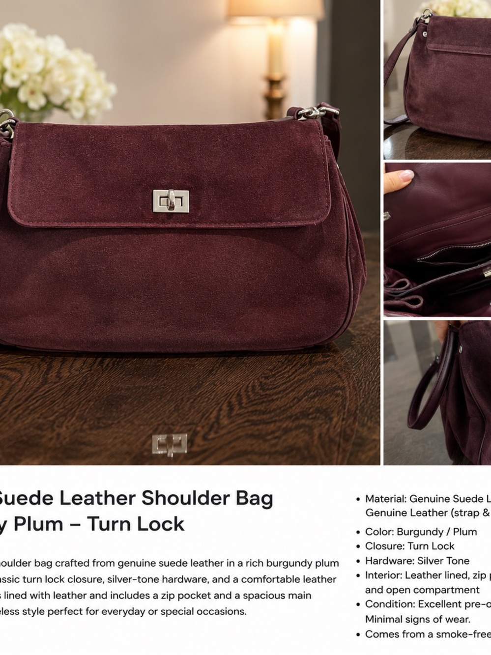 Genuine Suede Leather Shoulder Bag Burgundy Plum Silver Hardware

Description: